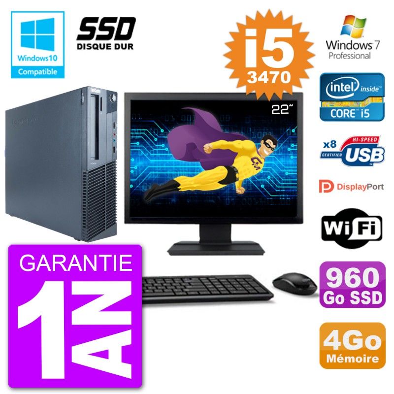 Lenovo M82 SFF Computer - 22" Screen, i5-3470, 4GB RAM, 960GB SSD, DVD Burner, Wifi