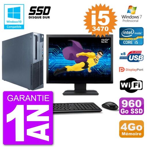 Lenovo M82 SFF Computer - 22" Screen, i5-3470, 4GB RAM, 960GB SSD, DVD Burner, Wifi