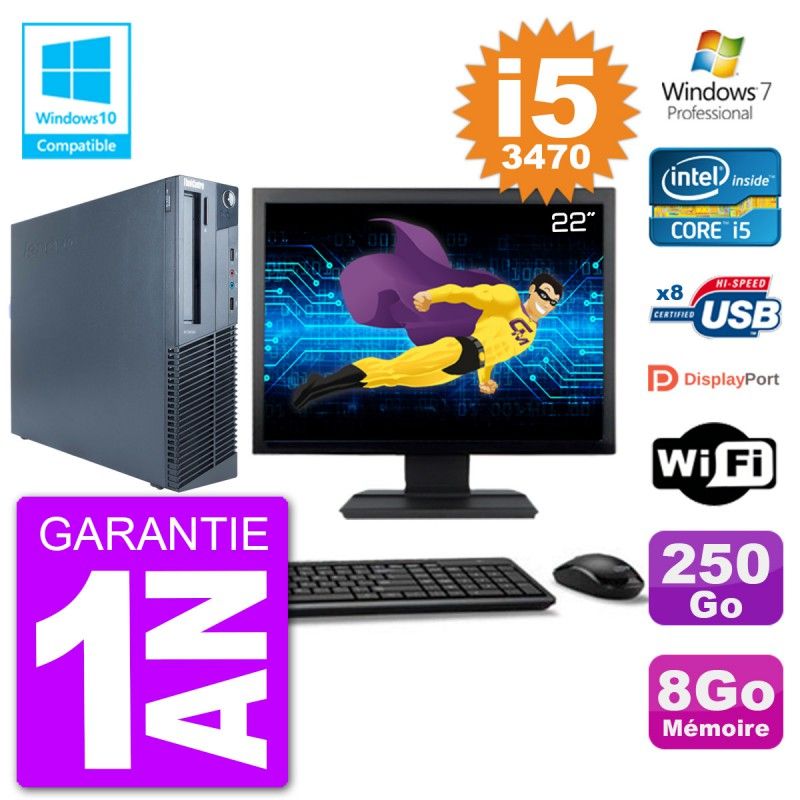 Lenovo M82 SFF Computer - 22" Screen, i5-3470, 8GB RAM, 250GB HDD, DVD Drive, Wifi