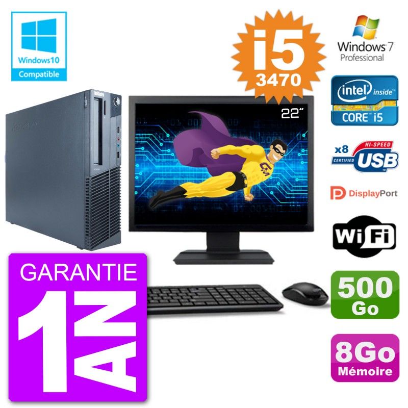 Lenovo M82 SFF Computer - 22" Screen, i5-3470, 8GB RAM, 500GB HDD, DVD Drive, Wifi