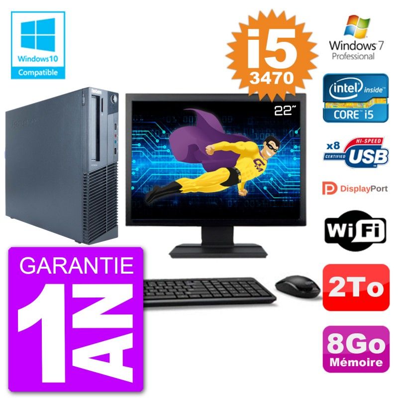 Lenovo M82 SFF Desktop Computer - 22" Screen, i5-3470, 8GB RAM, 2TB HDD, DVD Drive, WiFi, Windows 7 Pro