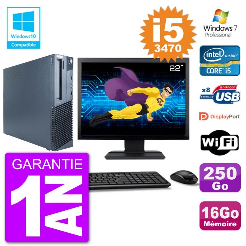 Lenovo M82 SFF Desktop Computer - 22" Screen, i5-3470, 16GB RAM, 250GB HDD, DVD Drive, WiFi, Windows 7 Pro