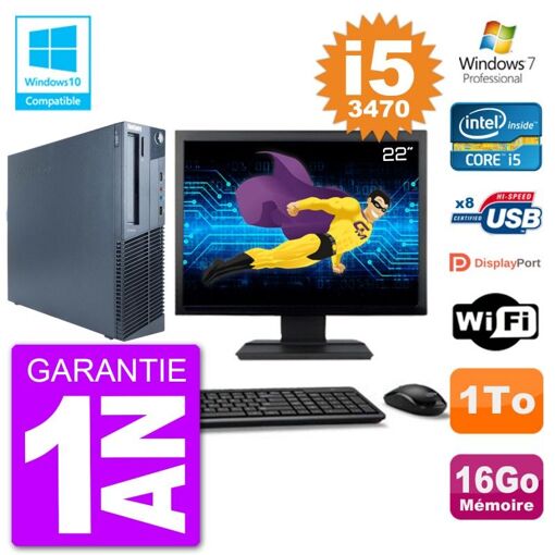 Lenovo M82 SFF Desktop Computer - 22" Screen, i5-3470, 16GB RAM, 1TB HDD, DVD Drive, WiFi, Windows 7 Pro