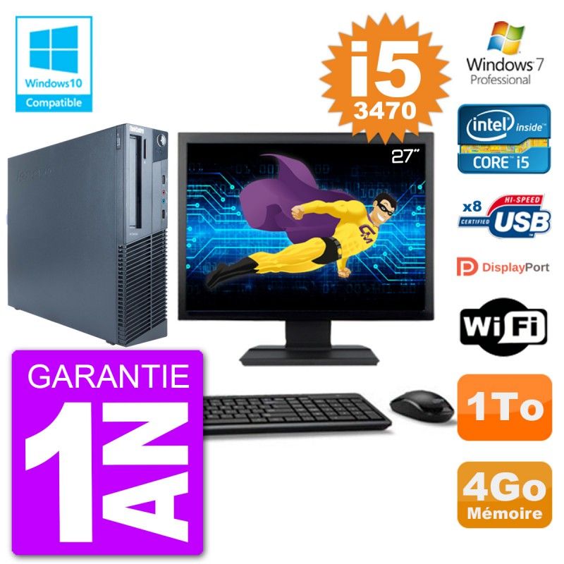 Lenovo M82 SFF PC - 27" Screen, i5-3470, 4GB RAM, 1TB HDD, DVD Drive, Wifi