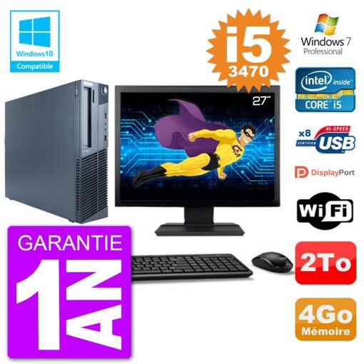 Lenovo M82 SFF Desktop Computer - 27" Screen, i5-3470, 4GB RAM, 2TB HDD, DVD Drive, WiFi, Windows 7 Pro