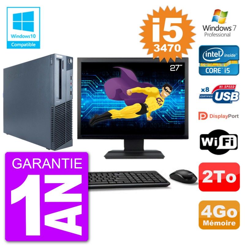 Ordinateur de bureau Lenovo M82 SFF - Écran 27'', Intel Core i5-3470, 4 Go de RAM, 2 To HDD, Lecteur DVD, Wifi, Windows 7 Pro