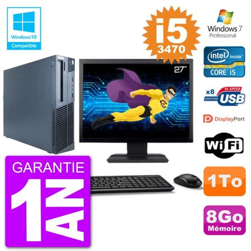Lenovo M82 SFF Desktop Computer - 27" Screen, i5-3470, 8GB RAM, 1TB HDD, DVD Drive, WiFi