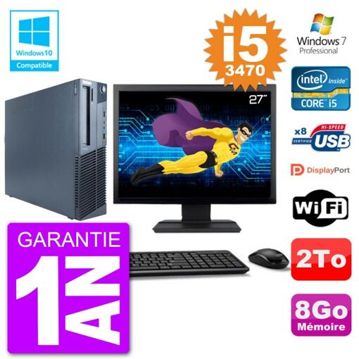 Lenovo M82 SFF Desktop Computer - 27" Screen, i5-3470, 8GB RAM, 2TB HDD, DVD Burner, Wifi, Windows 7 Pro
