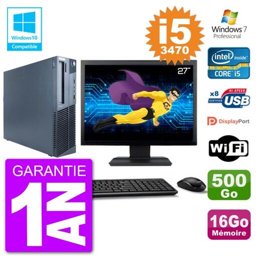 Lenovo M82 SFF Desktop PC - 27" Screen, i5-3470, 16GB RAM, 500GB HDD, DVD Drive, Wifi