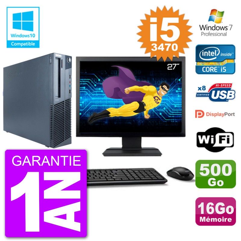 Lenovo M82 SFF Desktop PC - 27" Screen, i5-3470, 16GB RAM, 500GB HDD, DVD Drive, Wifi