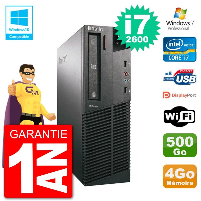 Computadora de escritorio Lenovo ThinkCentre M82 SFF - Procesador Intel Core i7-2600, 4GB de RAM, disco duro de 500GB, unidad DVD, WiFi, Windows 7 Profesional