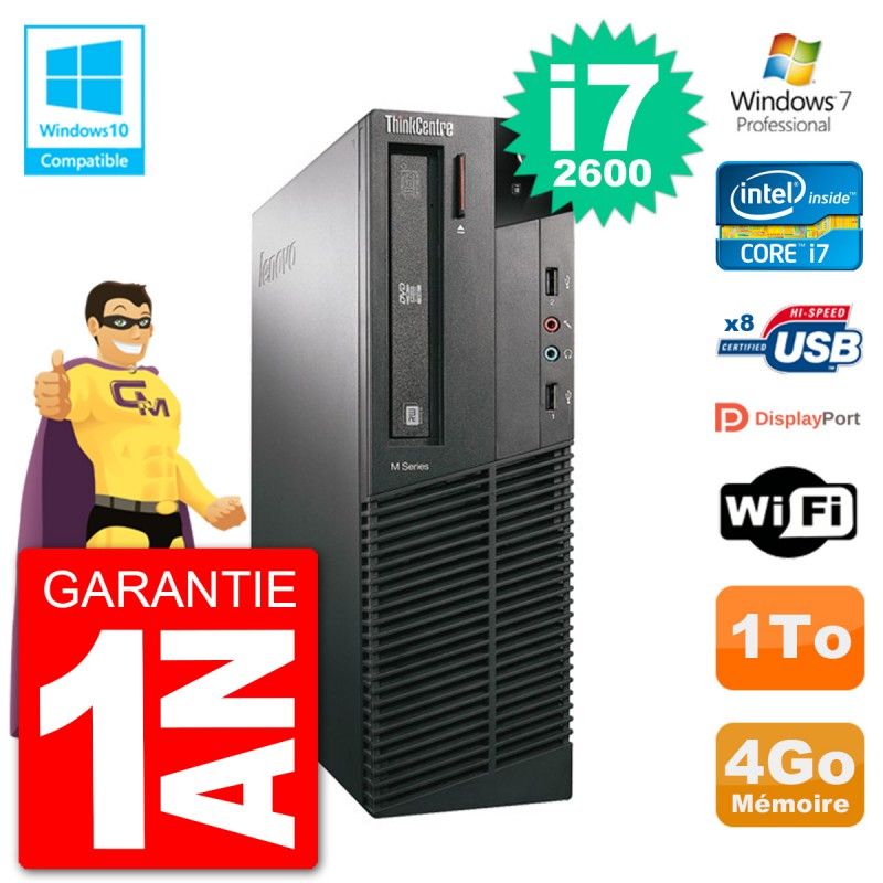 Computadora de escritorio Lenovo ThinkCentre M82 SFF - Procesador Intel Core i7-2600, 4GB de RAM, disco duro de 1TB, unidad óptica DVD, WiFi, Windows 7 Pro