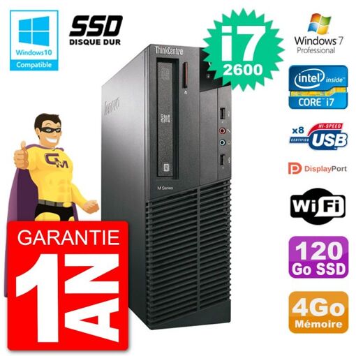 Lenovo ThinkCentre M82 SFF Desktop - Intel Core i7-2600, 4GB RAM, 120GB SSD, DVD Burner, WiFi, Windows 7 Pro
