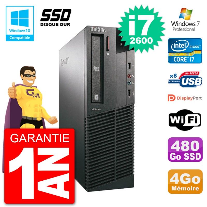 Ordinateur de bureau Lenovo ThinkCentre M82 SFF - i7-2600, 4 Go de RAM, SSD 480 Go, Lecteur DVD, Wi-Fi, Windows 7 Pro