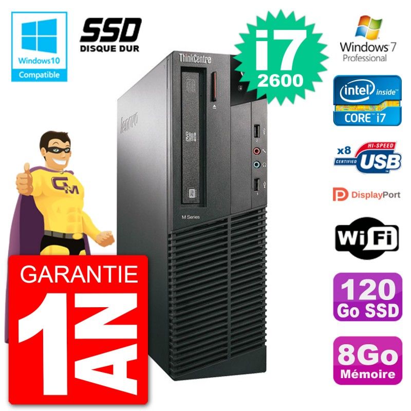 Ordinateur de bureau Lenovo ThinkCentre M82 SFF - i7-2600, 8 Go de RAM, 120 Go SSD, Gravure DVD, Wifi, Windows 7 Pro