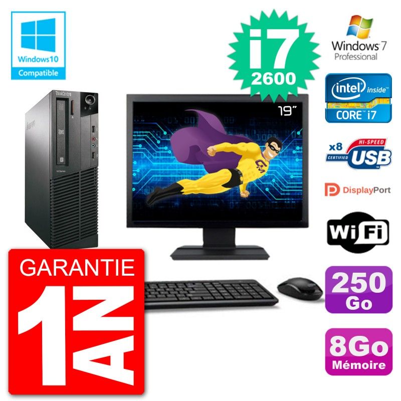Lenovo M82 SFF Desktop Computer - 19" Screen, i7-2600, 8GB RAM, 250GB HDD, DVD Drive, Wifi, Windows 7 Pro