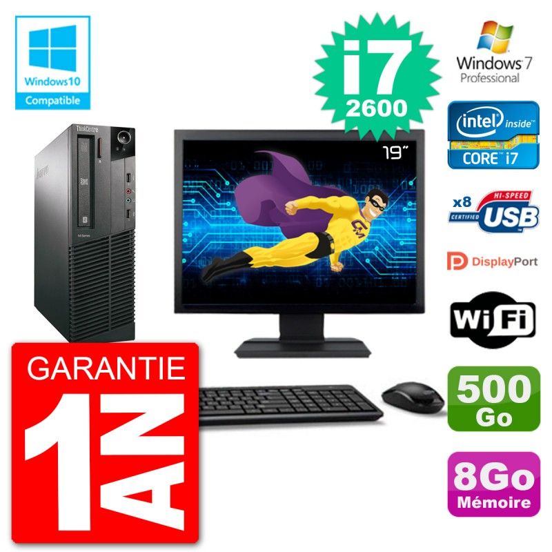 Lenovo M82 SFF PC - 19" Screen, i7-2600, 8GB RAM, 500GB HDD, DVD Drive, WiFi, Windows 7 Pro