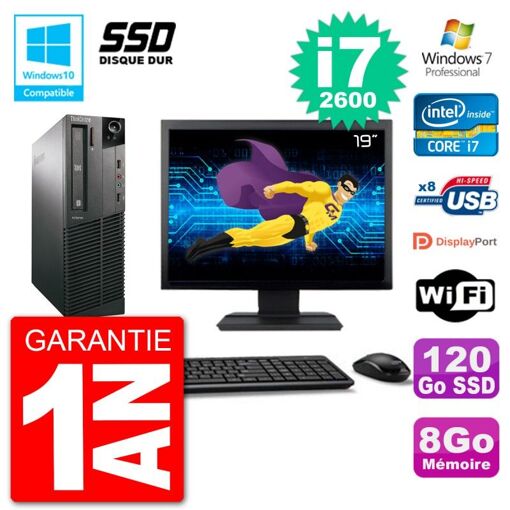 Lenovo M82 SFF Desktop Computer - 19" Screen, i7-2600, 8GB RAM, 120GB SSD, DVD Drive, Wifi, Windows 7 Pro