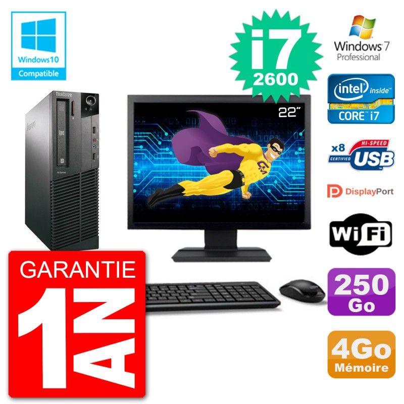 Lenovo M82 SFF Desktop Computer - 22" Screen, i7-2600, 4GB RAM, 250GB HDD, DVD Drive, Wifi, Windows 7 Pro