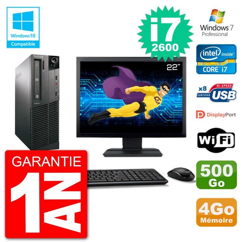 Lenovo M82 SFF Desktop Computer - 22" Screen, i7-2600, 4GB RAM, 500GB HDD, DVD Drive, WiFi, Windows 7 Pro