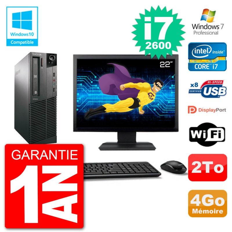 Lenovo M82 SFF Desktop Computer - 22" Screen, i7-2600, 4GB RAM, 2TB HDD, DVD Drive, WiFi, Windows 7 Pro