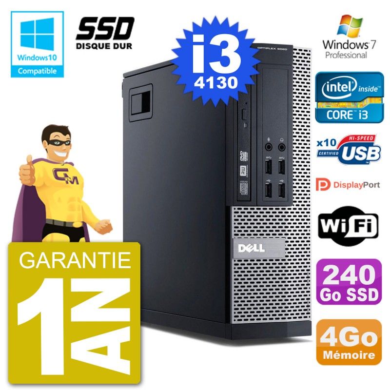 Ordinateur de bureau Dell Optiplex 9020 SFF - Processeur Intel i3-4130, 4 Go de RAM, disque SSD de 240 Go, lecteur DVD, Wi-Fi, Windows 7 Pro