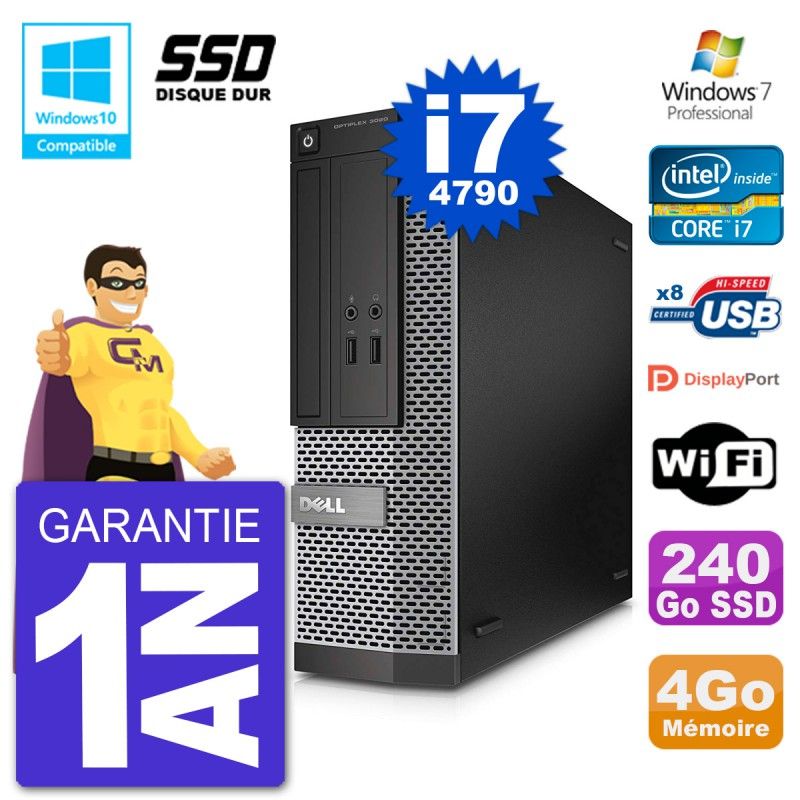 Dell Optiplex 3020 SFF Desktop - Intel i7-4790, 4GB RAM, 240GB SSD, DVD Drive, WiFi, Windows 7 Pro