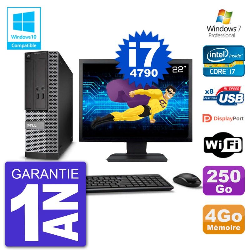 Dell Optiplex 3020 SFF Computer - 22" Screen, Intel i7-4790, 4GB RAM, 250GB HDD, DVD Drive, WiFi, Windows 7 Pro