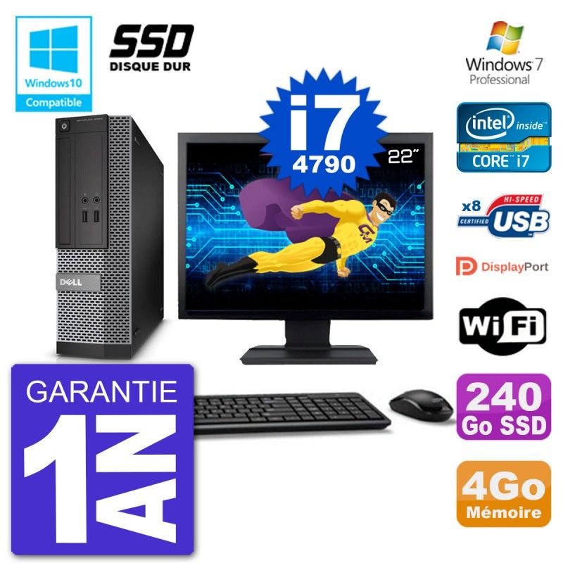 Dell Optiplex 3020 SFF PC - 22" Screen, Intel i7-4790, 4GB RAM, 240GB SSD, DVD Drive, Wifi