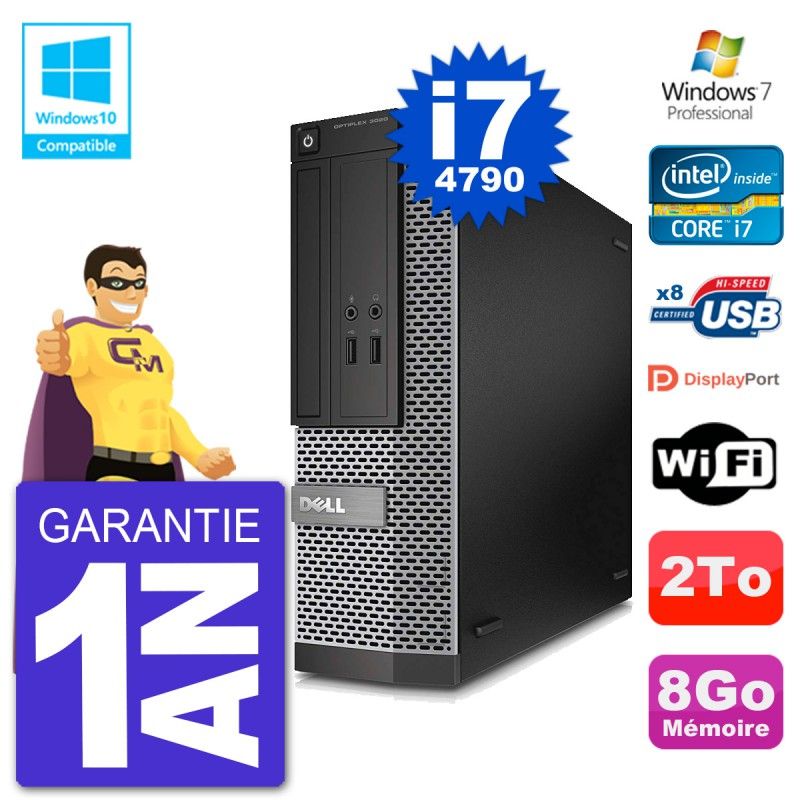 Ordinateur de bureau Dell Optiplex 3020 SFF - Processeur Intel Core i7-4790, 8 Go de RAM, disque dur 2 To, lecteur DVD, Wi-Fi, Windows 7 Professionnel