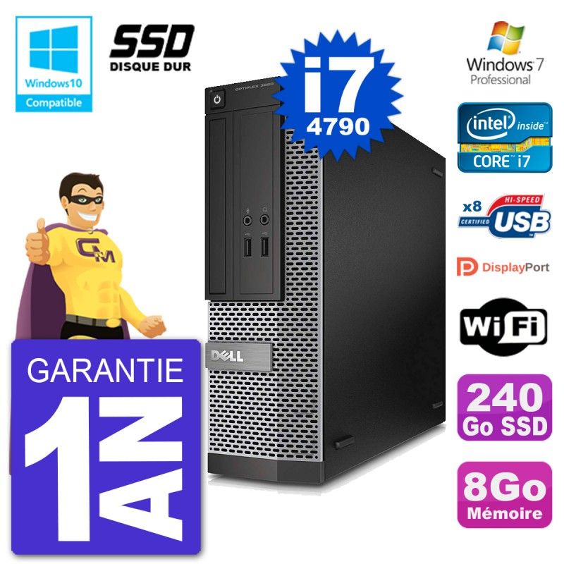 Dell Optiplex 3020 SFF Desktop PC - Intel Core i7-4790, 8GB RAM, 240GB SSD, DVD Burner, WiFi, Windows 7 Pro