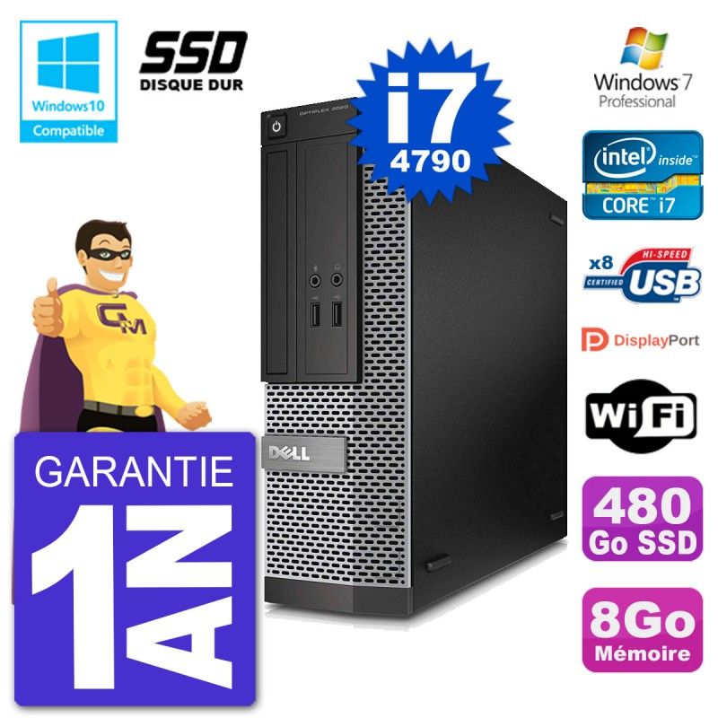 Dell Optiplex 3020 SFF Desktop PC - Intel i7-4790, 8GB RAM, 480GB SSD, DVD Burner, WiFi, Windows 7 Pro