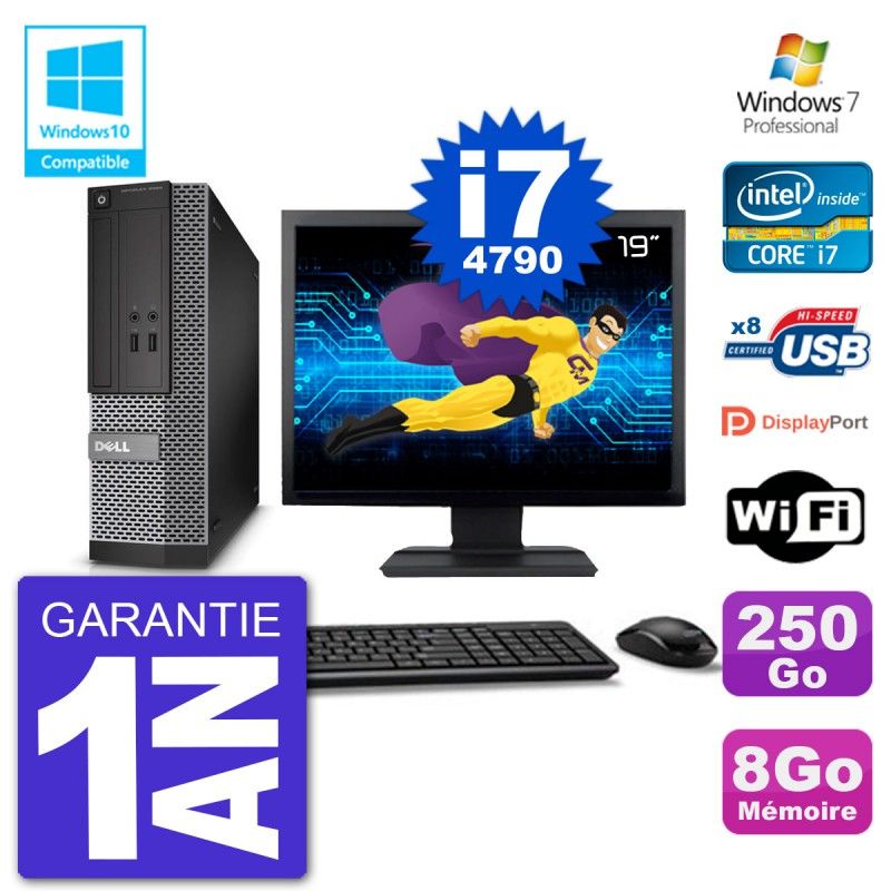 Dell Optiplex 3020 SFF Computer - 19" Screen, Intel i7-4790, 8GB RAM, 250GB HDD, DVD Drive, WiFi, Windows 7 Pro