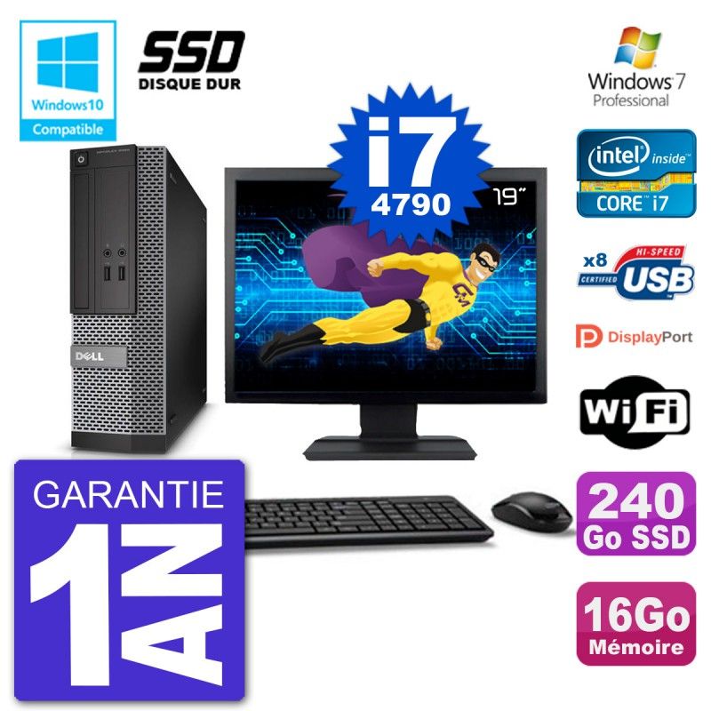 Dell Optiplex 3020 SFF Computer - 19" Screen, Intel i7-4790, 16GB RAM, 240GB SSD, DVD Burner, Wifi, Windows 7 Pro