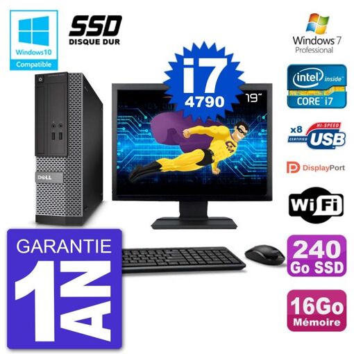 Dell Optiplex 3020 SFF Computer - 19" Screen, Intel i7-4790, 16GB RAM, 240GB SSD, DVD Burner, Wifi, Windows 7 Pro