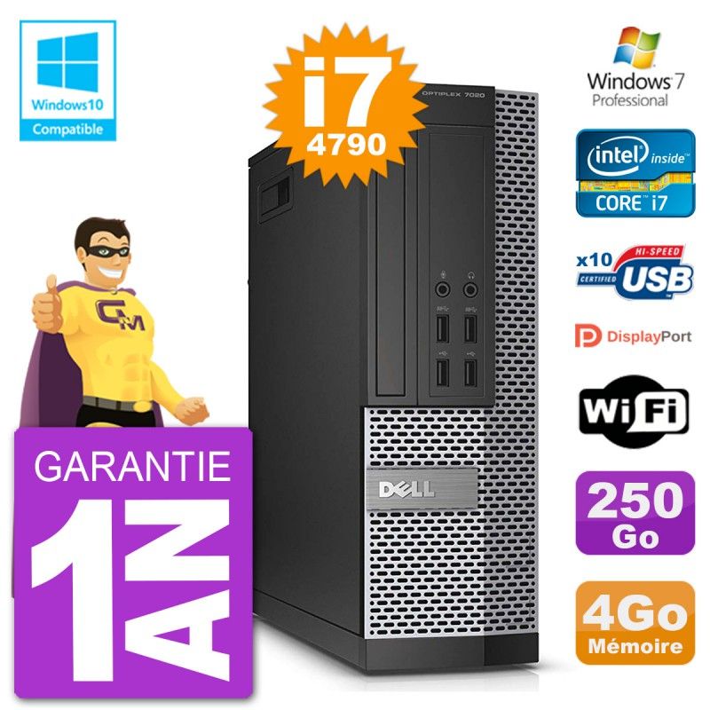 Dell Optiplex 7020 SFF PC - Intel i7-4790, 4GB RAM, 250GB HDD, DVD Drive, WiFi, Windows 7 Pro