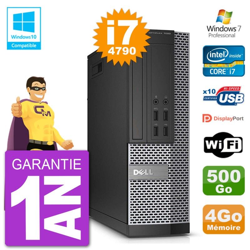 Ordinateur de bureau Dell Optiplex 7020 SFF - Processeur Intel Core i7-4790, 4 Go de RAM, Disque dur 500 Go, Lecteur optique DVD, Wifi, Windows 7 Professionnel