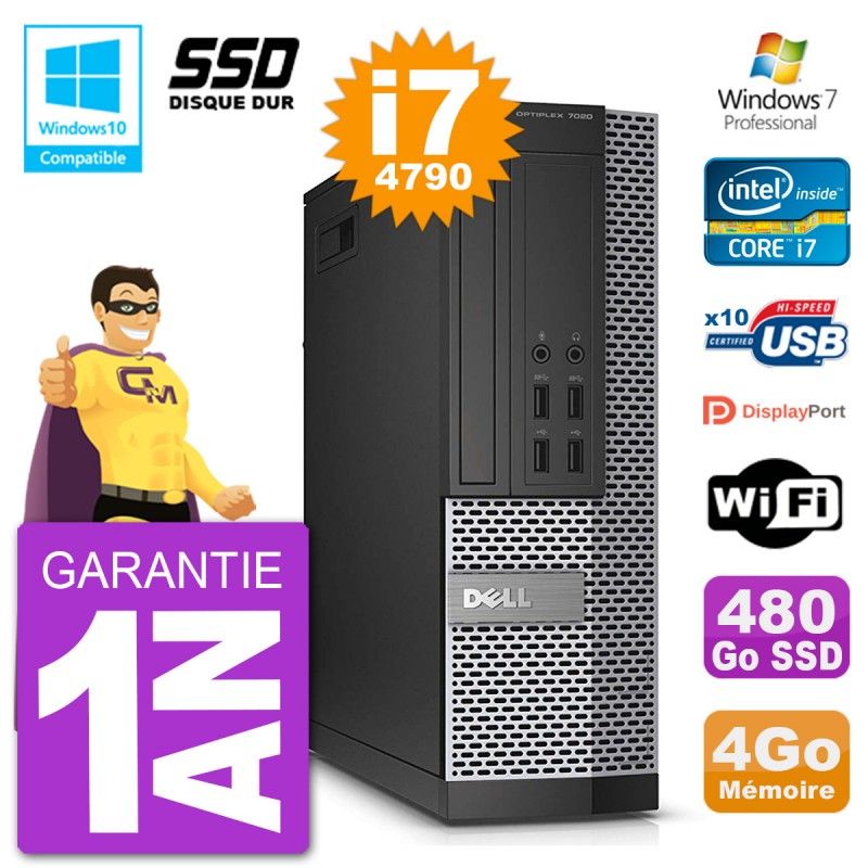 Dell Optiplex 7020 SFF Computer - Intel i7-4790, 4GB RAM, 480GB SSD, DVD Burner, WiFi