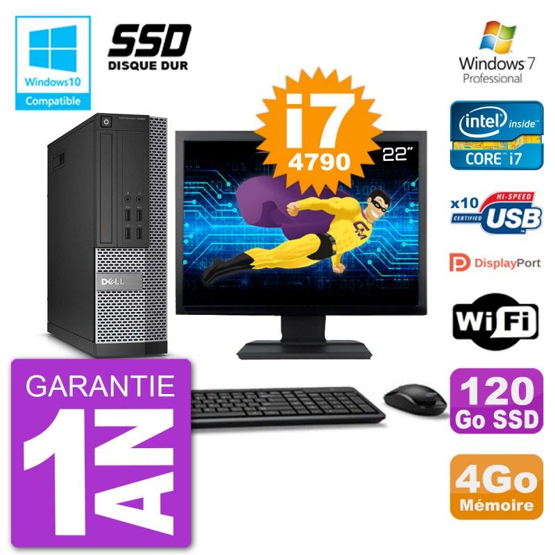 Dell Optiplex 7020 SFF Computer - 22" Screen, Intel i7-4790, 4GB RAM, 120GB SSD, DVD Burner, Wifi
