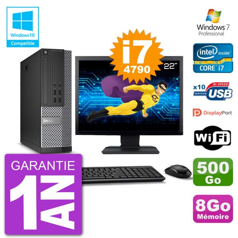 Dell Optiplex 7020 SFF Computer - 22" Screen, Intel i7-4790, 8GB RAM, 500GB HDD, DVD Burner, Wifi