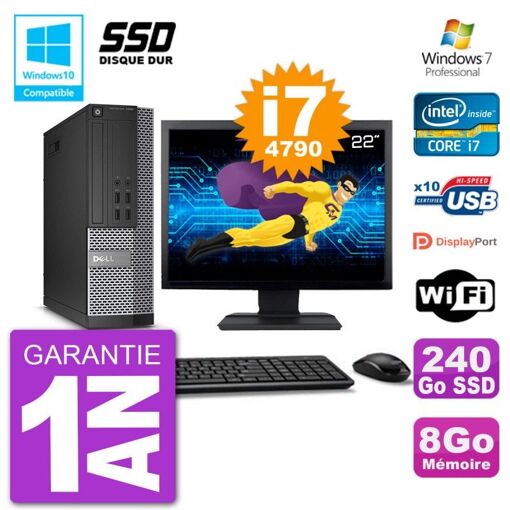 Dell Optiplex 7020 SFF Computer - 22" Screen, Intel i7-4790, 8GB RAM, 240GB SSD, DVD Drive, WiFi