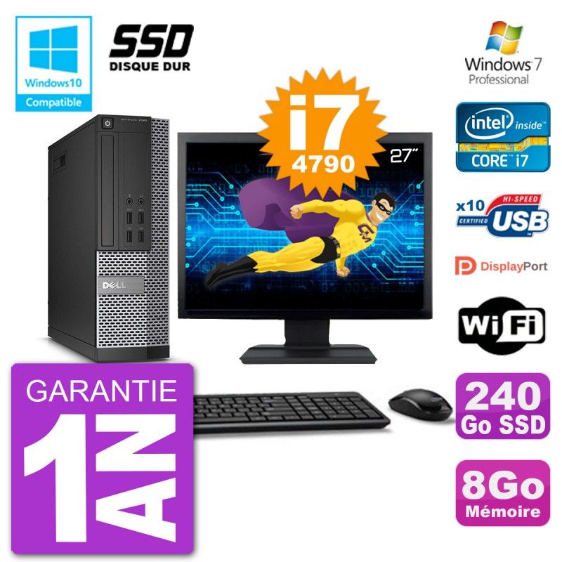 Computadora Dell Optiplex 7020 SFF - Pantalla de 27", Procesador Intel i7-4790, 8GB de RAM, Disco duro SSD de 240GB, Unidad de CD/DVD, Wifi, Windows 7 Pro
