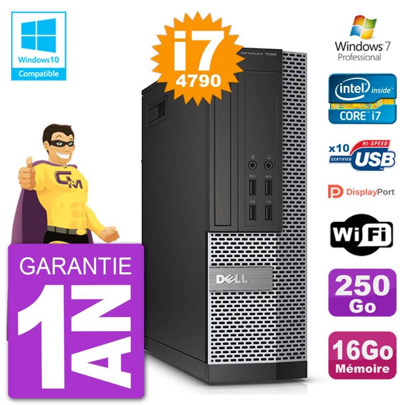 Ordinateur de bureau Dell Optiplex 7020 SFF - Intel i7-4790, 16 Go de RAM, 250 Go SSD, Graveur DVD, Wi-Fi, Windows 7 Professionnel