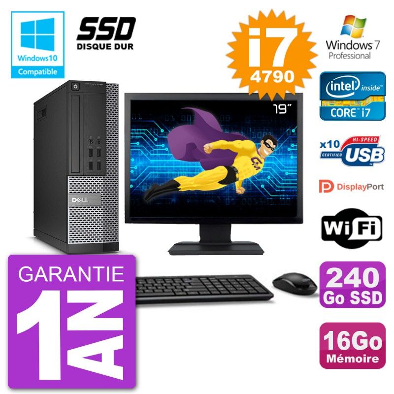 Dell Optiplex 7020 SFF Computer - 19" Screen, Intel i7-4790, 16GB RAM, 240GB SSD, DVD Drive, WiFi, Windows 7 Pro