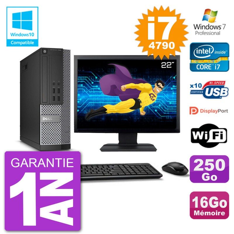 Dell Optiplex 7020 SFF Computer - 22" Screen, Intel i7-4790, 16GB RAM, 250GB HDD, DVD Drive, WiFi