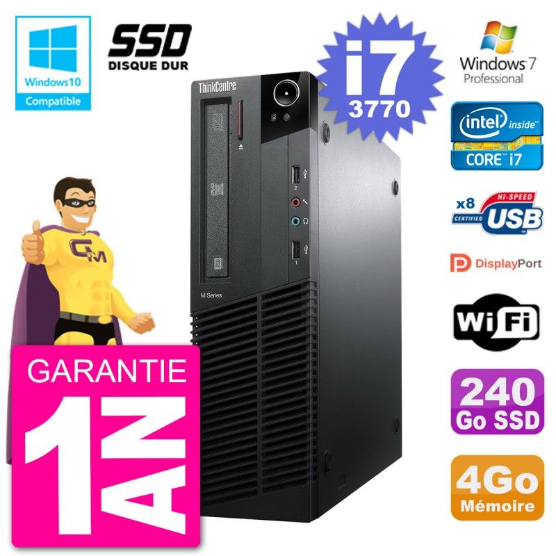 Lenovo ThinkCentre M82 SFF Desktop - Intel Core i7-3770, 4GB RAM, 240GB SSD, DVD Burner, WiFi, Windows 7 Pro