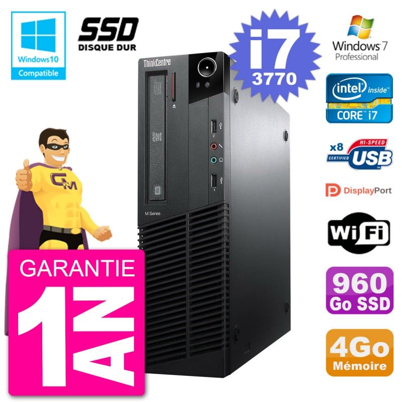 Lenovo ThinkCentre M82 SFF Desktop PC - Intel Core i7-3770, 4GB RAM, 960GB SSD, DVD Burner, WiFi, Windows 7 Pro