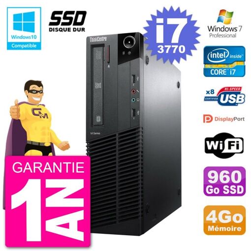 Lenovo ThinkCentre M82 SFF Desktop PC - Intel Core i7-3770, 4GB RAM, 960GB SSD, DVD Burner, WiFi, Windows 7 Pro