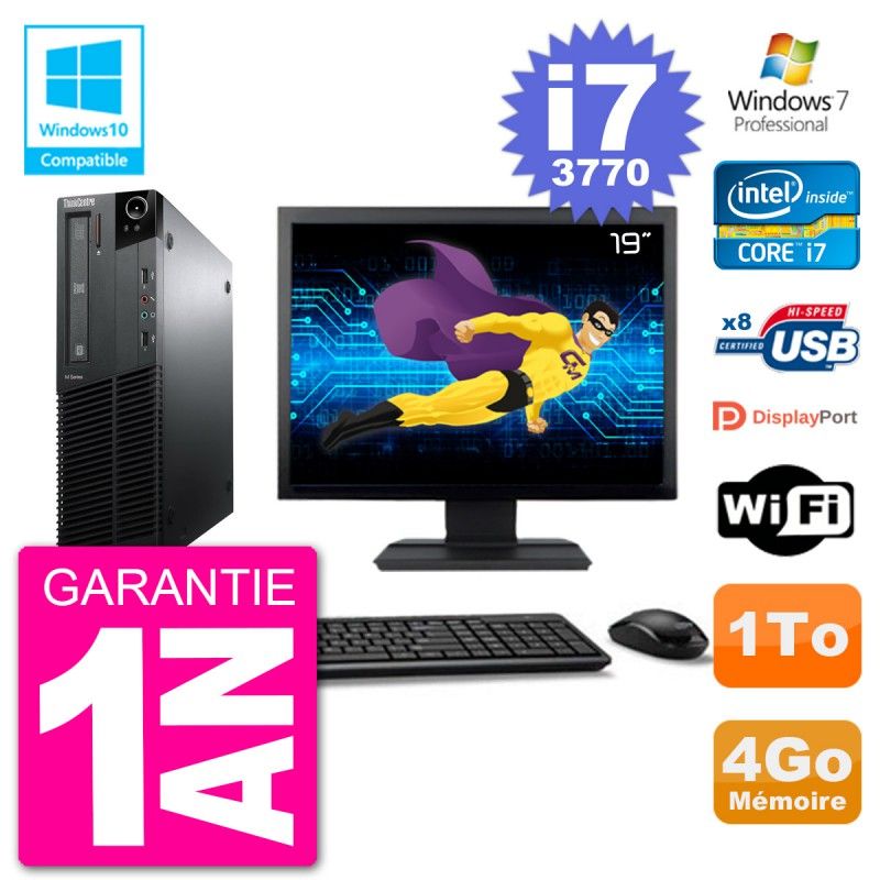 Lenovo M82 SFF Desktop PC - 19" Screen, i7-3770, 4GB RAM, 1TB HDD, DVD Drive, Wifi