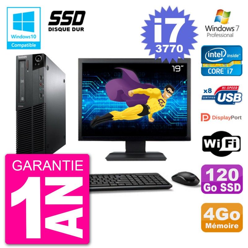 Lenovo M82 SFF Desktop PC - 19" Screen, i7-3770, 4GB RAM, 120GB SSD, DVD Burner, Wifi